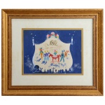 França, 1920 - Celebração Festiva de Natal com Figuras Humanas em uma Paisagem Nevada. Guache. 20 x 26 cm (MI). 39 x 45 cm (ME). Obra de estilo folclórico caracterizado por traças simples, cores vibrantes e uma representação ingênua. Moldura em madeira clara.