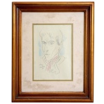 JEAN COCTEAU (França, 1889-1963) - Auto Retrato. Litografia aquarelada s/ papel. Ass. cie. 26 x 18 cm (MI). 47 x 40 cm (ME). Pintor, poeta, romancista, ator e cineasta
