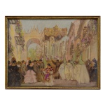 Escola Espanhola, circa 1900 - Cena Religiosa de uma Procissão da Semana Santa em Sevilha, com Penitentes com túnicas tradicionais. 16 x 22 cm (MI). 18 x 23 cm (ME).