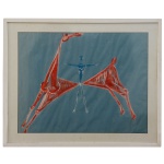 MARINO MARINE (Pistóia, 1901  Milão, 1980) - Figuras Estilizadas em tons de Vermelho sobre um Fundo Azul. Litografia. Ass. cid. 46 x 60 cm (MI). 61 x 74 cm (ME). Escultor, pintor e artista gráfico italiano, reconhecido como um dos mais importantes escultores do século XX. Ele é mundialmente famoso pelas suas representações de cavalos e cavaleiros, que evoluíram ao longo de sua carreira para refletir tensões e emoções.