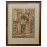 GEORGE LOUKOMSKY (Kaluga, Império Russo, 1844  1952) - Fachada Arquitetônica antiga com uma Porta central. Gravura. Ass, localizada e datado 1928, cid. 44 x 35 cm (MI). 50 x 40 cm (ME). A moldura em madeira escura com um detalhe dourado.