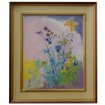 Pintura Chinesa - Flores e uma Borboleta Amarela. Aquarela. Ass cie. 45 x 36 cm (MI). 61 x 53 cm (ME).