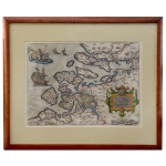 Mapa da Zelandia, província dos Países Baixos situada ao nordeste de Antuérpia, ladeada pelas outras regiões com ilhas à volta. Litografia a cores do séc. XVIII. 33 x 46 cm (MI). 55 x 66 cm (ME). Moldura em madeira lisa.