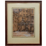 Rua de Paris com edificação ao fundo. Técnica mista s/ papel. Traz no cie a inscrição dAprès Rue Necker escrita sobre marcação anterior, e também no cid. a inscrição Rue de la....(ilegível). Hoje é chamada Fontaine Necker, situada na Impasse de la Poissonnerie, vista da Rue de Jarente. 38 x 24 cm (MI). 50 x 50 cm (ME). Moldura em madeira.