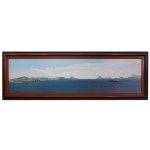CARLOS AUGUSTO DA SILVA NETO  Vista Panorâmica do Rio de Janeiro e Ponte Rio-Niterói. Óleo s/ tela. Ass. e datado, 1995, cid. 60 x 200 cm (MI). 72 x 222 cm (ME).  Carlos Augusto já nasceu pronto, impecável e genial, como ele próprio diz, guiado pelas mãos de Deus.