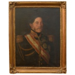MICHELI .... Descendente do Conde Belas, Família Castelo Branco, Conde de Pombeiro e Marques de Belas - Retrato Imperial vestindo uniforme militar de gala ornamentado com dragonas douradas nos ombros e faixas de ordens honorificas cruzando o peito. Óleo s/ tela. Assinado e datado de 1849, cie. 75 x 50 cm (MI). 90 x 71 cm (ME). Moldura em madeira dourada