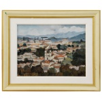 BUSTAMANTE SÁ  (Rio de Janeiro RJ 1907 - idem 1988) - Ouro Preto - Paisagem com Casas e Montanhas ao Fundo. Óleo s/ eucatex. 27 x 35 cm (MI). 40 x 48 cm (ME). Representa os casarios históricos e a topografia montanhosa de Ouro Preto, Minas Gerais.  Com sua paleta prenhe de cores límpidas e transparentes, registrou não só velame trepidante como, com igual precisão, captou a transparência atmosférica e a luminosidade que invadem céu, mar e praia.