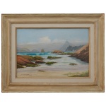 AUGUSTO SEABRA (Petrópolis, RJ, 1909)  Praia das Flexas (Niterói) com Vista para o Pão de Açúcar ao fundo. Óleo s/ tela. Ass. e datado 1960, cie e verso, 38 x 54 cm (MI). 60 x 76 cm (ME). A pintura retrata uma belíssima e importante paisagem costeira brasileira.