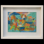 ARNOLD NEUWEILER (Cairo, Egito, 1895  1983), conhecido profissionalmente como JULIEN DINOU - Paisagem Urbana de estilo Abstrato e Geométrico. Ass cid. 20 x 28 cm (MI). 34 x 42 cm (ME). A obra presenta uma textura densa de cores, lembrando a técnica de mosaico com formas retangulares em tons variados. Pintor, ator, diretor, escritor e empresário suíço.