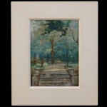 C. FERREIRA  Escadaria em um Jardim com Árvores ao fundo. Óleo s/ eucatex. 35 x 25 cm (MI). 53 x 43 cm (ME). A representação de jardins, escadarias e vegetação exuberante é uma temática comum na pintura brasileira de paisagem, muitas vezes explorada por artistas no final do século XIX e início do século XX.