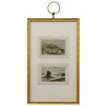 Iconografia Rio de Janeiro. Século XIX - "Baie de Rio" (Baía do Rio) e "Plage d'Itapuca" (Praia de Itapuca). 12 x 17 cm (MI - cada obra).  60 x 35 cm (ME). As gravuras são apresentadas com montagem dupla em uma moldura dourada e possuem um anel superior para suspensão