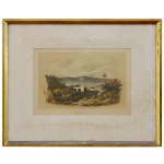 GEORGE LEUZINGER (Atribuído)  Vue de Lisbonne Prise DAlfeite.  Litografia com aplicação manual de aquarela sobre papel. 17 x 25 cm (MI). 33 x 40 cm (ME). Artista conhecido por suas obras no Rio de Janeiro durante o século XIX. A obra apresenta manchas de envelhecimento (foxing) no papel, comuns em gravuras deste período