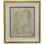 Assinatura Artística com Iniciais Entrelaçadas - Arte Figurativa, representando duas figuras femininas em um estilo que lembra o modernismo. A peça apresenta características técnicas de gravura, como ponta seca ou litografia, comum em obras de artistas do século XX. Ass. csd. 34 x 27 cm (MI). 50 x 42 cm (MI).