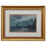 WIEGANDT, BERNHARD - Vista da Baia de Guanabara de Niterói. Paisagem Noturna. Aquarela s/ papel Vergé. Assinado "B. W, cid. Atribuido. 17 x 27 cm (MI). 35 x 46 cm (ME). Viveu no Brasil entre 1875 e 1880 a convite de seu irmão. Durante esses anos, dedicou-se intensamente à representação de paisagens tropicais, cenas urbanas e observações do cotidiano, que capturou principalmente em aquarelas. Com um toque leve, porém preciso, as obras capturam a atmosfera, a luz e a vegetação da região e testemunham um olhar atento e documental.