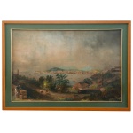 ALFRED MARTINET (1792-1875) - Panorama da Baía do Rio de Janeiro. Paisagem do Rio de Janeiro tirada da Ilha das Cobras. A pintura destaca a baía com barcos, a vegetação tropical em primeiro plano e a cidade ao fundo, capturando o cenário urbano e natural da época. 42 x 66 cm (MI). 54 x 78 cm (ME).Atuação profissional no Rio (1841 década de 1850)Martinet trabalhou nas principais oficinas litográficas da época. Inicialmente na *casa litográfica de Heaton & Rensburg* (Rua da Ajuda, 68), uma das mais importantes do período, fundada por ingleses. Depois colaborou com a editora dos irmãos *Eduardo e Henrique Laemmert* (Tipografia Universal de Laemmert), uma das maiores casas editoriais do Império. Muitas de suas obras também foram publicadas ou comercializadas por *Georges Leuzinger*, importante editor e fotógrafo suíço radicado no Rio. Ele se destacou rapidamente pela qualidade técnica e pela precisão topográfica de seus trabalhos. O historiador *Gilberto Ferrez* (maior especialista em iconografia do Rio antigo) o considerava o melhor litógrafo que trabalhou por aqui.