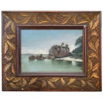 Ilha de Paquetá - Paisagem Costeira Brasileira com Formações Rochosas. Circa 1900. Óleo s/ madeira. 17 x 26 cm (MI). 32 x 40 cm (ME).