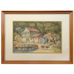 CARLOS ... Velha Estrada de Petrópolis. Paisagem rural com um Moinho de água e uma Casa de Fazenda. Ass. cid. 30 x 43 cm (MI). 51 x 65 cm (ME).