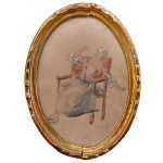 Miniatura retratando uma figura feminina sentada, Possivelmente um Guache sobre papel. Assinada. 17 x 12 cm (MI). 20 x 15 cm (ME). Moldura em madeira de formato oval dourada de estilo.