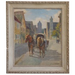 Assinatura localizada, porém, não Identificada  Passeio de Charrete na Cidade. Óleo s/ cartão. Ass. cid. 72 x 58 cm (MI). 90 x 77 cm (ME).