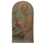 Placa de gesso representando São Francisco de Assis,. 5 x 33 x 16 cm.