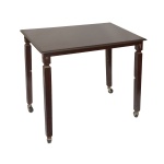 Mesa lateral de formato retangular em madeira escura. Pernas retas finalizadas por rodízios. 64 x 70 x 46 cm. Sinais do tempo e de uso.
