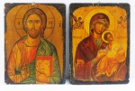 ARTE SACRA. Dois (02) icones Bizantine Art, têmpera técnica colada sobre madeira, representando Cristo Pantocrator. Med. 18 x 13 cm.