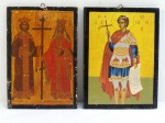 ARTE SACRA. Dois (02) icones Bizantine Art, têmpera sobre madeira, representando Santo Constantino e Helena, São Fanúrio. Meds. !9 x 13 cm, 19 x 14 cm.