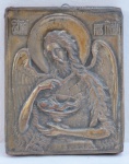 ARTE SACRA. Icone Russo Séx XX, tempera técnica colado sobre madeira, representando São João Batista " Anjo do Deserto", em placa de metal cinzelado em alto relevo. Med. 12,5 x 10 cm.