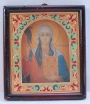 Icone Russo sobre madeira representando Santa Nina, emoldurado em metal cinzelado e policromado, envidraçado. Med. 16,5 x 15 cm.