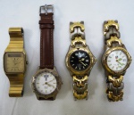 Quatro (04) relógios de pulso sendo: A) Seiko Alarm Cronograph Japan Novt retangular. Med. 3,8 x 3,4 cm, B) Michele 3 ATM a quartz, calendário novt, pulseira de couro original. Med. 4,00 cm, C) Tag Hever- Profissinal 200 meters, swiss, calendário, bracelete rosqueado. Med. 4,00 cm.D) Tag Hever- Profissional 200 metros Swiss, calendário, bracelete rosqueado. Med. 4,0 cm. Obs: Todos necessitam revisão, trocar baterias.