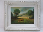ASSINATURA NÃO IDENTIFICADO 94 " Vale com Gado" ,óleo sobre eucatex, emoldurado, assinado no C.I.E e datado 94. Medidas 51 x 61 cm com moldura e 30 x 40 cm sem moldura.