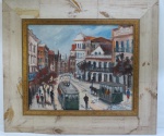 ASSINATURA NÃO IDENTIFICADA " Paisagem antiga urbana com bondes" ,óleo sobre eucatex, emoldurado, assinado no C.I.E e datado 94. Medidas 51 x 61 cm com moldura e 30 x 40 cm sem moldura.