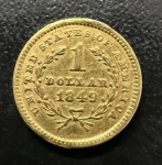 Moeda Estrangeira, USA, Valor 1 Dollar, Ano 1849, Ouro, Peso 1,6 g, Diâmetro 13 mm, Muito Bem Conservada.