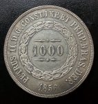 Moeda Brasileira, Império, Valor 1000 Reis, Ano 1856, 2º Tipo - Variante Ponto entre o 1º e 2º Zero, Prata, Peso 12,75 g, Diâmetro 30 mm, Soberba.