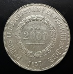 Moeda Brasileira, Império, Valor 2000 Reis, Ano 1857, Prata, Peso 25,5 g, Diâmetro 37 mm, Soberba.