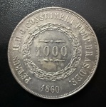 Moeda Brasileira, Império, 3º Sistema Monetário, 2º Tipo, Valor 1000 Reis, Ano 1860, Prata, Peso 12,75 g, Diâmetro 30 mm, Soberba.