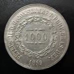 Moeda Brasileira, Império, 3º Sistema Monetário, 2º Tipo, Valor 1000 Reis, Ano 1859, Prata, Peso 12,75 g, Diâmetro 30 mm, Soberba.