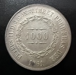 Moeda Brasileira, Império, 3º Sistema Monetário, 2º Tipo, Valor 1000 Reis, Ano 1861, Prata, Peso 12,75 g, Diâmetro 30 mm, Soberba.