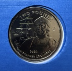 Moeda Comemorativa, Série 500º Anos do Descobrimento das Américas - Cristovão Colombo, GIBRALTAR, Valor 2 Libras, Ano 1992, Metal Virênio, Peso 8g, Diâmetro 29mm, Encarte Original, Flor de Cunho.