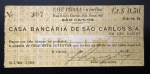 Cheque Antigo, Casa Bancária de São Carlos S/A - SP, Série B, , Carimbo CAFÉ PÉROLA - O MELHOR, Muito Bem Conservada.