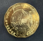 Moeda Estrangeira, MÉXICO, Comemorativa a Copa do Mundo FIFA 2026 - Tripla Sede do Mundialito, Chute a Gol, Bimetálica, Valor 20 Pesos, Ano 2026, Flor de Cunho.
