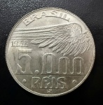 Moeda Brasileira, Valor 5000 Reis, Ano 1938, Alusiva a Santos Dumont, Prata, Peso 10 g, Flor de Cunho.