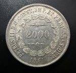 Moeda Brasileira, Império, Valor 2000 Reis, Ano 1851, Prata, Peso 25,5 g, Flor de Cunho.