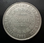 Moeda Brasileira, Império, Valor 2000 Reis, Ano 1852, Prata, Peso 25,5 g, Flor de Cunho.