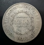 Moeda Brasileira, Império, Valor 2000 Reis, Ano 1855, Prata, Peso 25,5 g, Muito Bem Conservada.