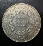 Moeda Brasileira, Império, Valor 1000 Reis, Ano 1858, Prata, Peso 12,75 g, Soberba.