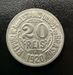 Moeda Brasileira, Valor 20 Reis, 1920, sem Ponto entre o 2 e 0, Níquel, Soberba.