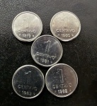 Moedas Brasileiras, Série SOJA, Valor 1 Centavo, Anos 1979; 1980; 1981; 1982 e 1983, Aço Inox, Flor de Cunho.
