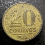 Moeda Brasileira, Valor 20 Centavos, Ano 1944, SEM SIGLA, Getúlio Vargas, Bronze Alumínio, Muito Bem Conservada.