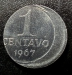 Moeda Brasileira, Erro de Cunhagem - Cunho Deslocado/BONÉ, Valor 1 Centavo, Ano 1967, Aço Inox, Flor de Cunho.